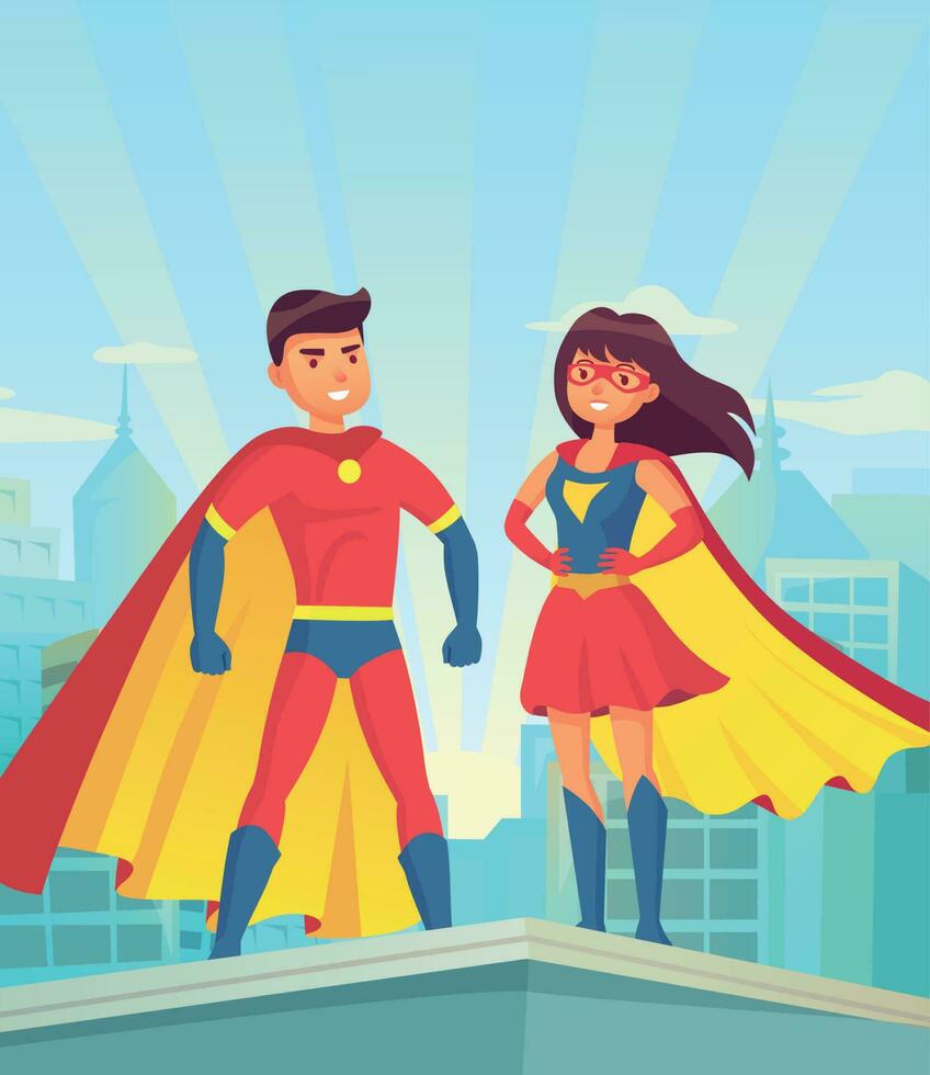 super Heróis. quadrinho casal Super heroi, desenho animado homem e mulher dentro vermelho mantos em cobertura do cidade. justiça vetor conceito