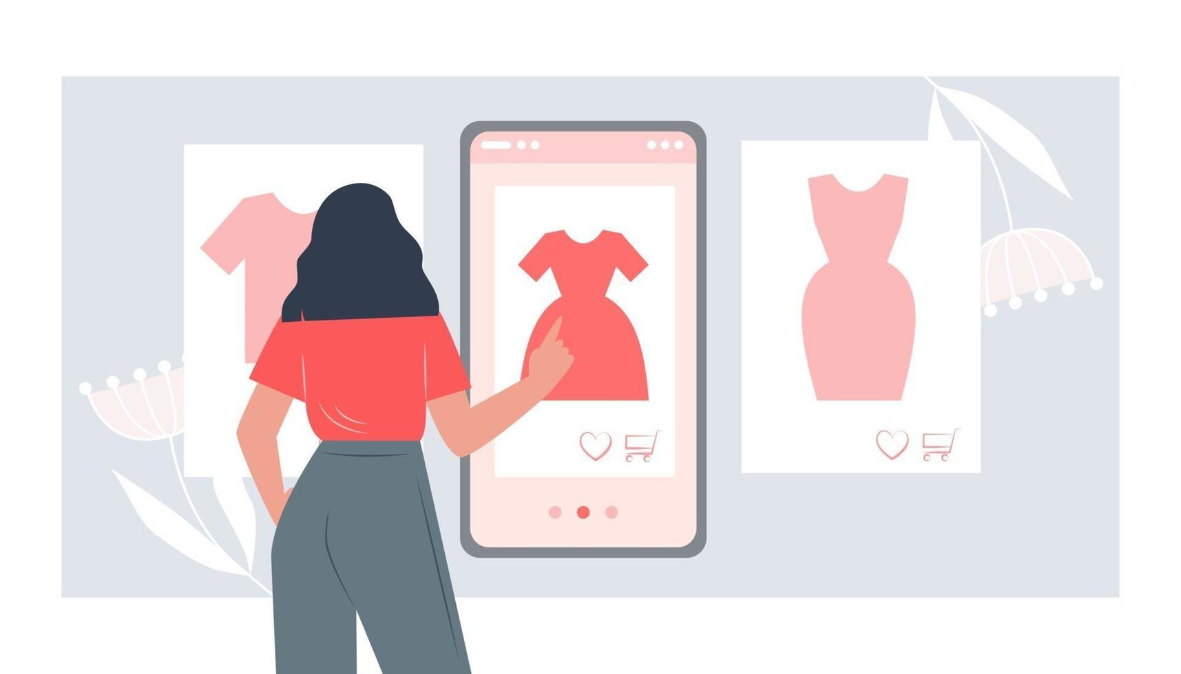 mulher compra roupas em um smartphone em uma loja online vetor