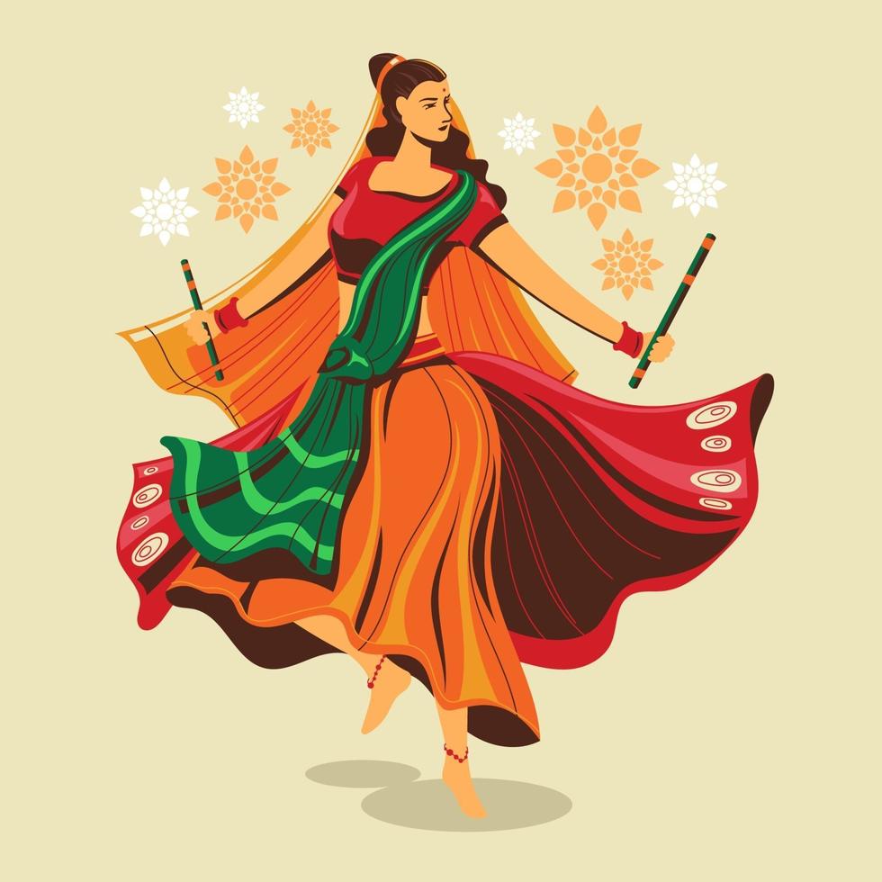 desenho vetorial de mulher tocando dança garba para dussehra dandiya noite durante navratri vetor