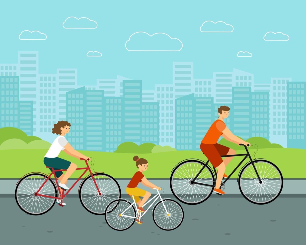 pessoas andam de bicicleta na cidade, mulher e homem em bicicletas, personagens familiares caucasianos com meio urbano vetor