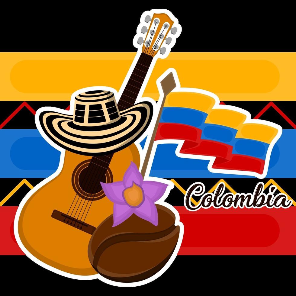 guitarra com bandeira de sombrero vueltiao e imagem representativa de grãos de café da Colômbia vetor