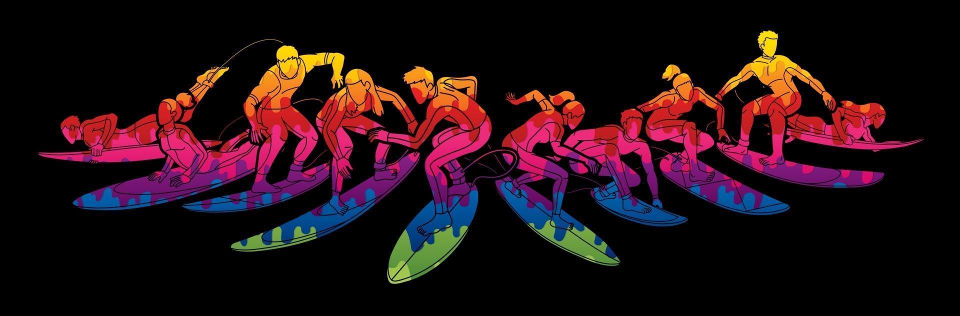 grupo de surfista esporte de surf de ação vetor