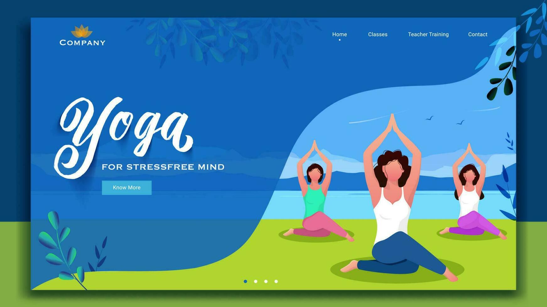 aterrissagem página ou rede bandeira Projeto com mulheres personagem prática ioga sukhasana pose para estresse livre mente. vetor