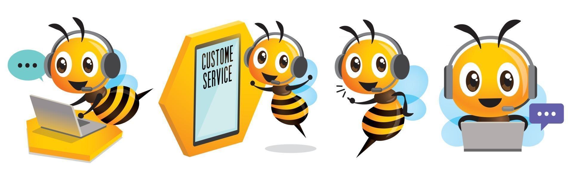 Operador de abelha sorridente fofo com fone de ouvido trabalhando no call center e comunicando-se para atendimento ao cliente vetor
