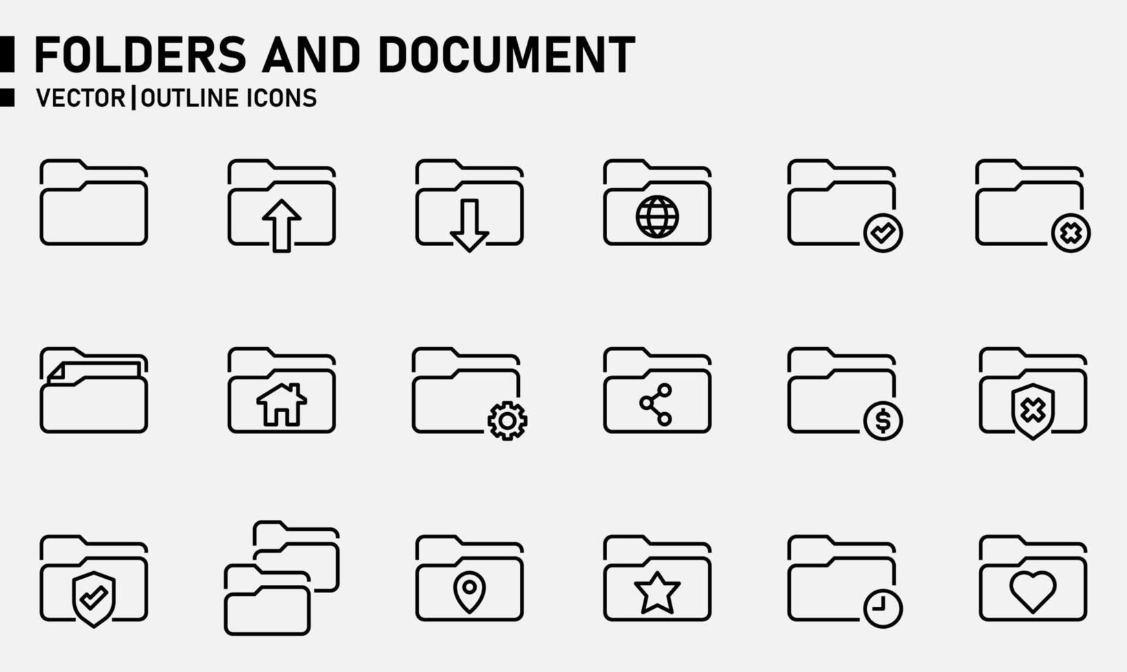 pastas e conjunto de ícones de contorno de documento vetor