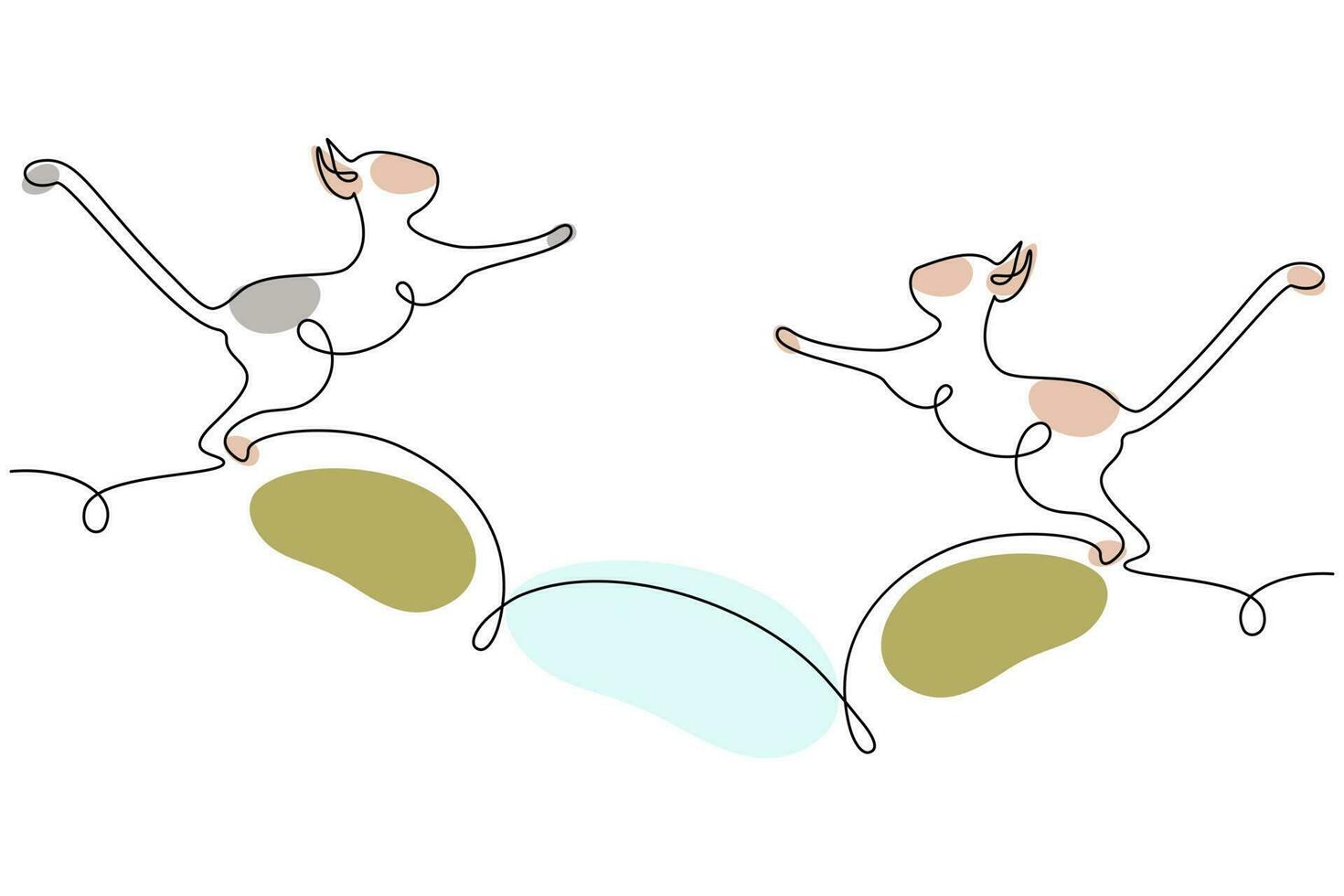 2 gatos pulando para cada de outros desenhado de 1 contínuo linha e pontos dentro na moda tons. vetor. vetor