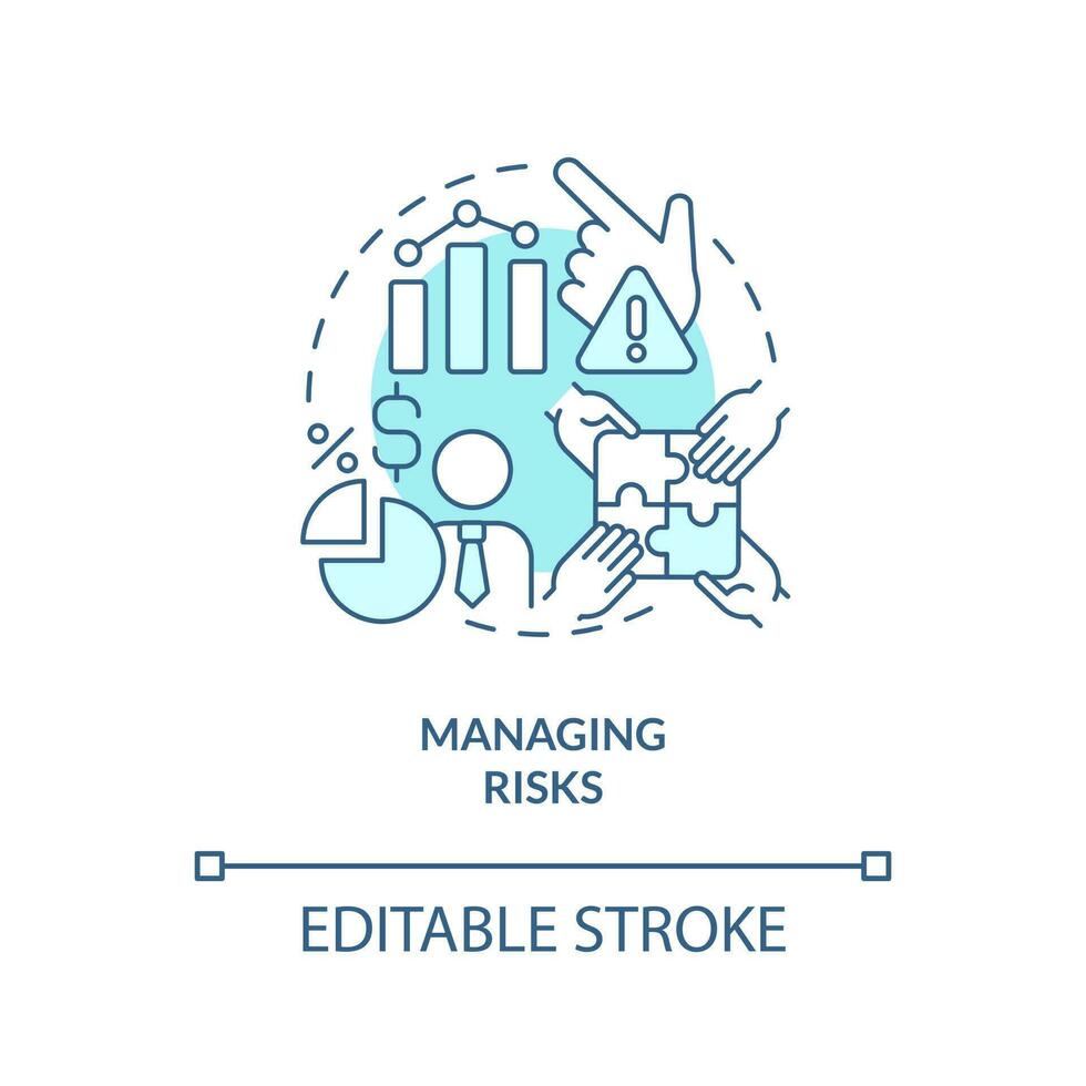 gerenciando riscos turquesa conceito ícone. risco capital financiamento benefício abstrato idéia fino linha ilustração. isolado esboço desenho. editável acidente vascular encefálico vetor