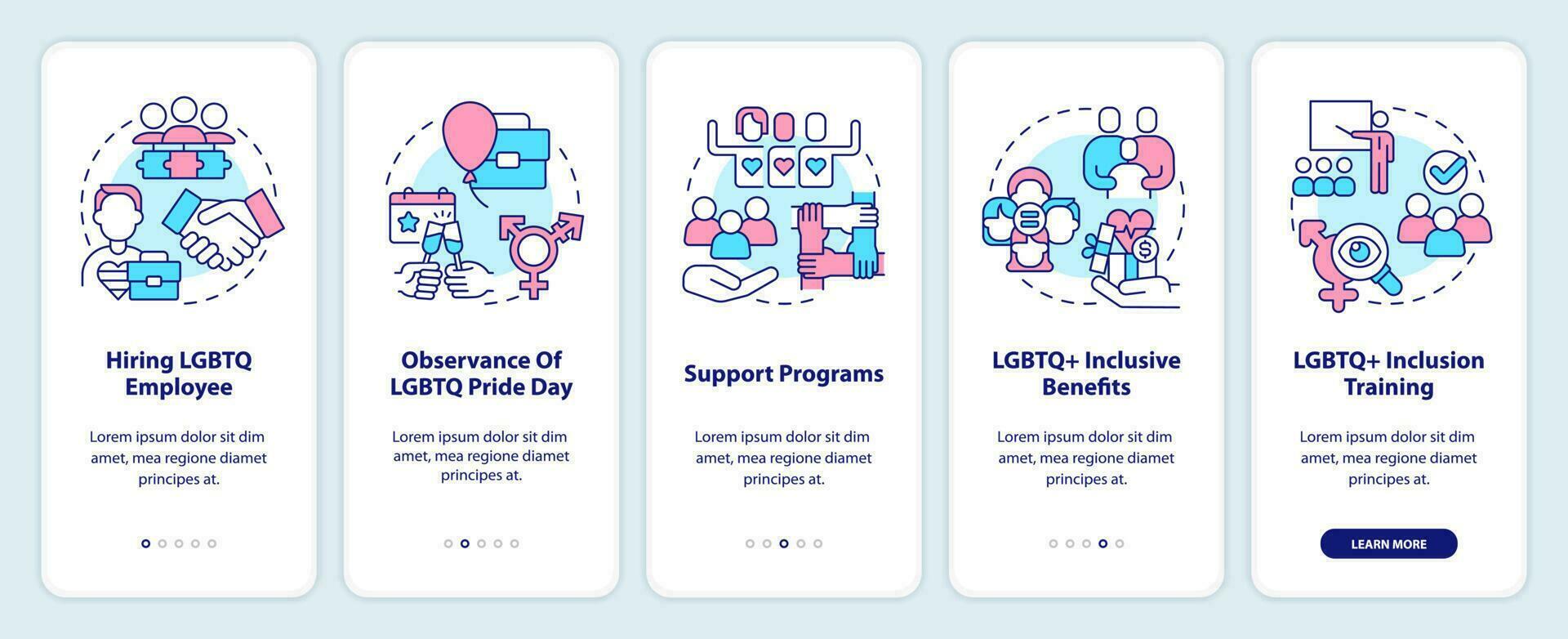 criando lgbtq inclusivo local de trabalho onboarding Móvel aplicativo tela. passo a passo 5 passos editável gráfico instruções com linear conceitos. interface do usuário, ux, gui modelo vetor