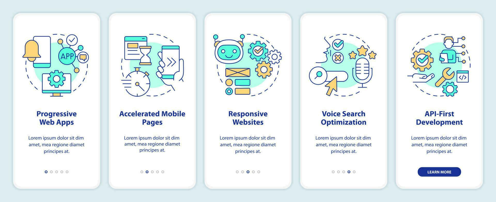 rede desenvolvimento tendências onboarding Móvel aplicativo tela. digital indústria passo a passo 5 passos editável gráfico instruções com linear conceitos. interface do usuário, ux, gui modelo vetor