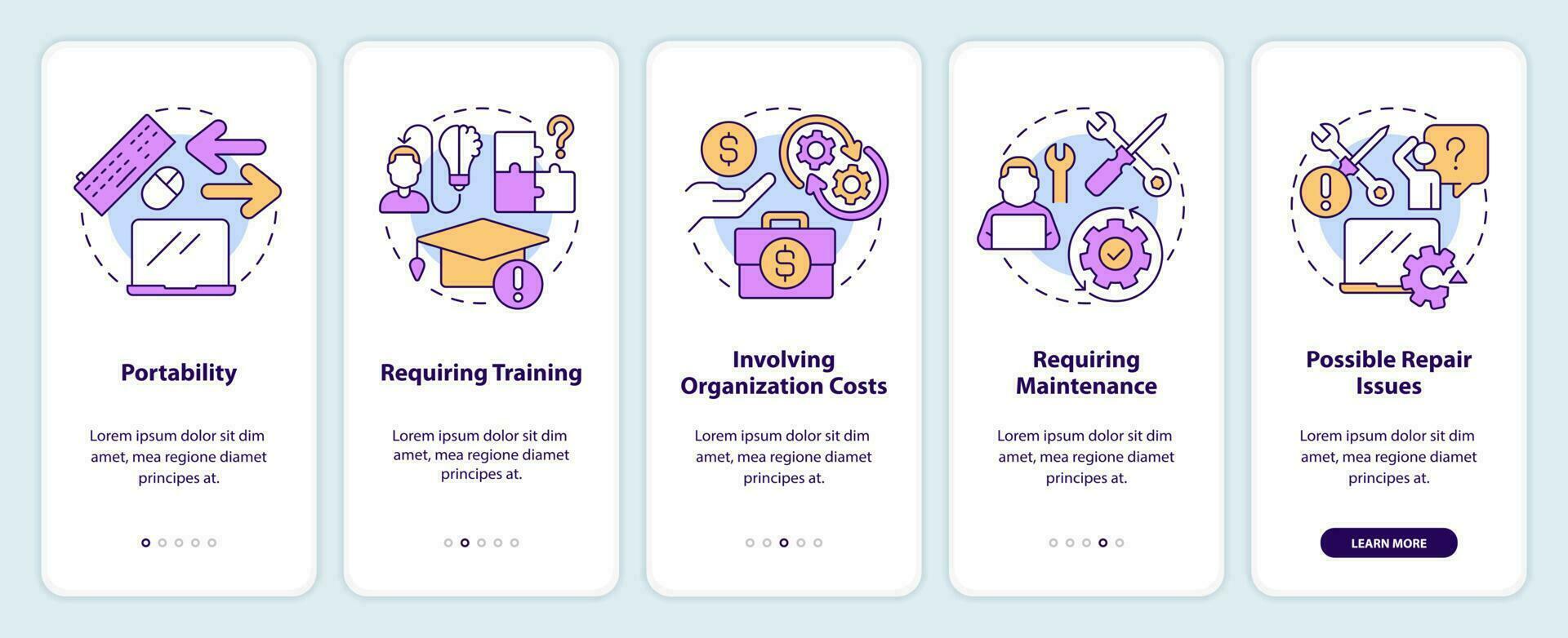 o negócio Ferramentas considerações onboarding Móvel aplicativo tela. hardware passo a passo 5 passos editável gráfico instruções com linear conceitos. interface do usuário, ux, gui modelo vetor