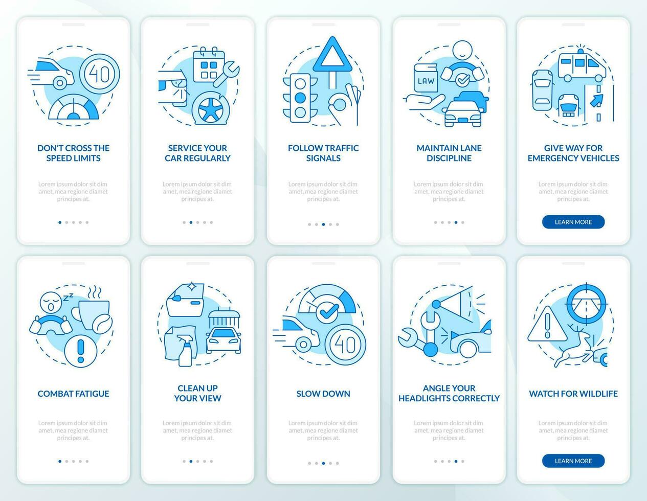 dirigindo segurança azul onboarding Móvel aplicativo tela definir. regulamentos passo a passo 5 passos editável gráfico instruções com linear conceitos. interface do usuário, ux, gui modelo vetor