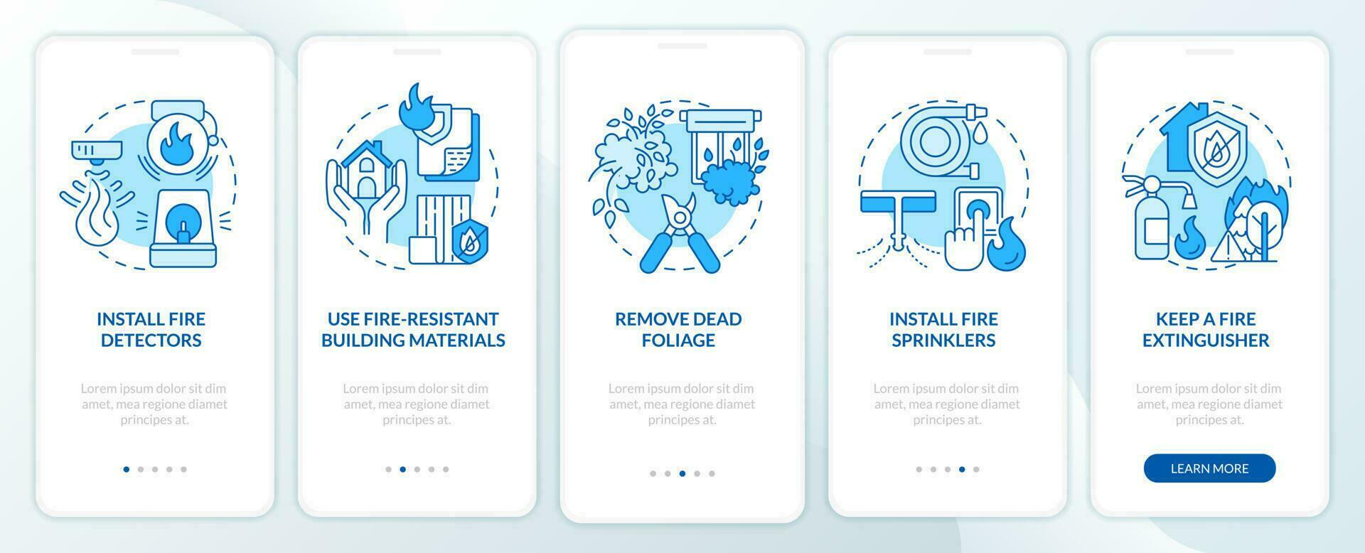 sobrevivente incêndios às casa azul onboarding Móvel aplicativo tela. passo a passo 5 passos editável gráfico instruções com linear conceitos. interface do usuário, ux, gui modelo vetor