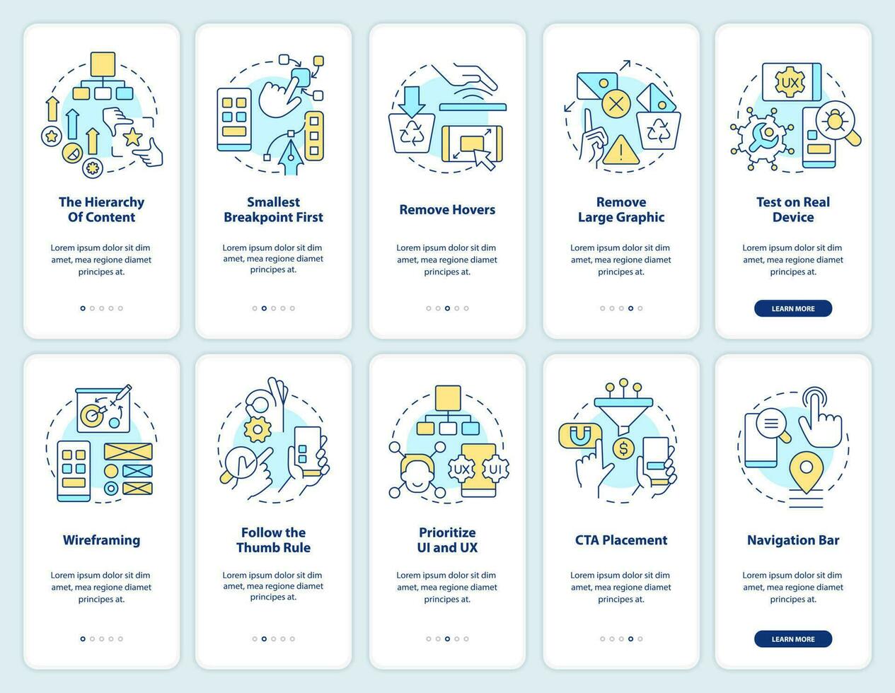 Móvel primeiro Projeto onboarding Móvel aplicativo tela definir. passo a passo 5 passos editável gráfico instruções com linear conceitos. interface do usuário, ux, gui modelo vetor