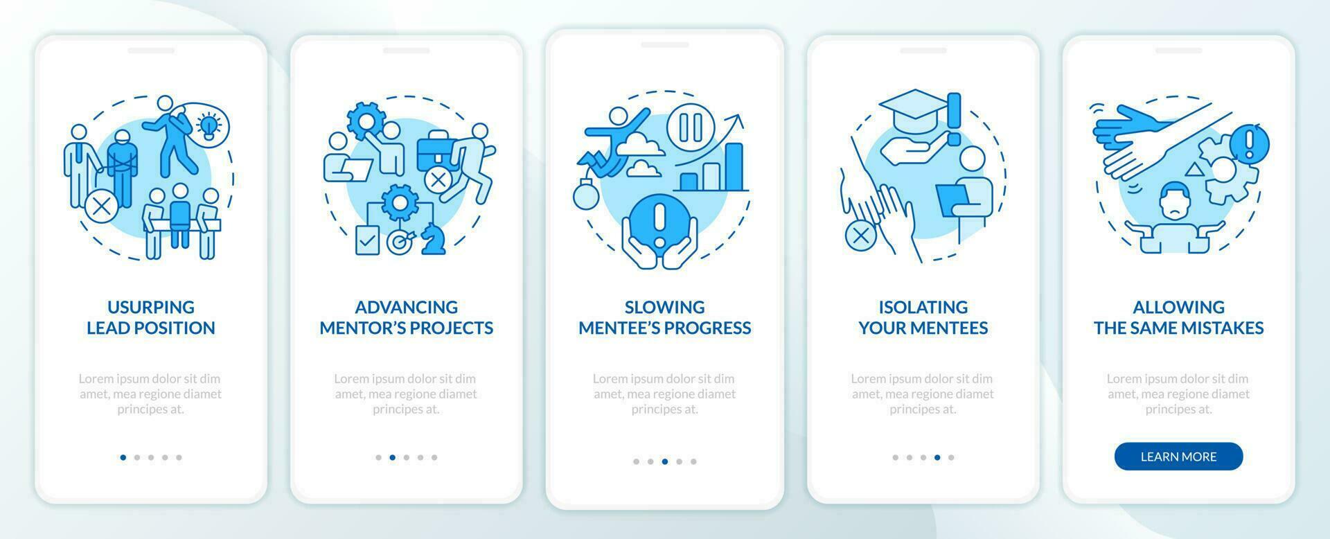 ético problemas dentro mentoria azul onboarding Móvel aplicativo tela. passo a passo 5 passos editável gráfico instruções com linear conceitos. interface do usuário, ux, gui modelo vetor