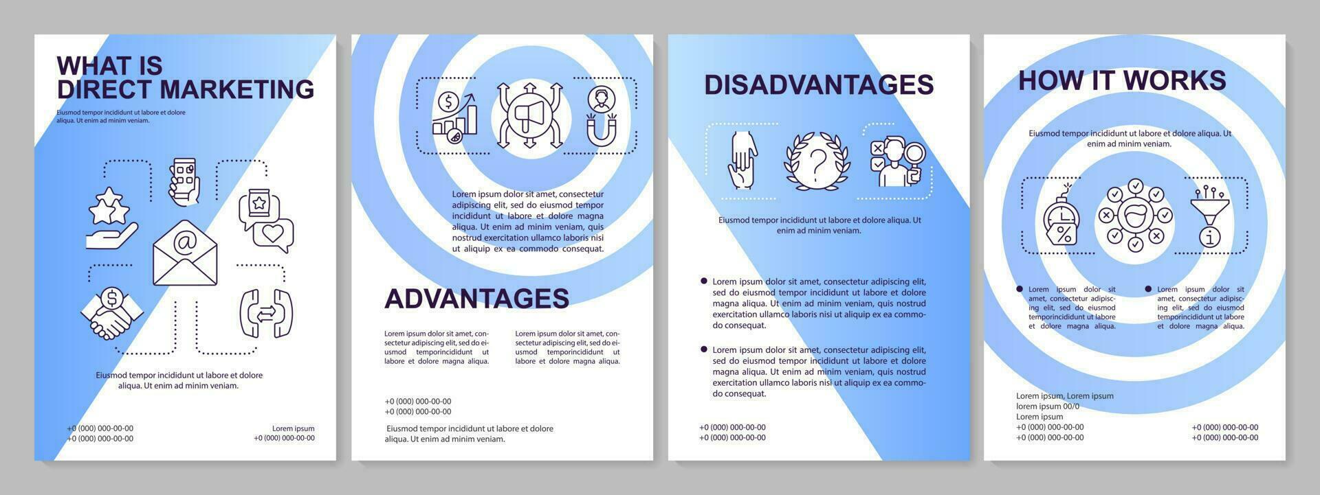 direto marketing dentro o negócio azul folheto modelo. vendas estratégia. folheto Projeto com linear ícones. 4 vetor layouts para apresentação, anual relatórios