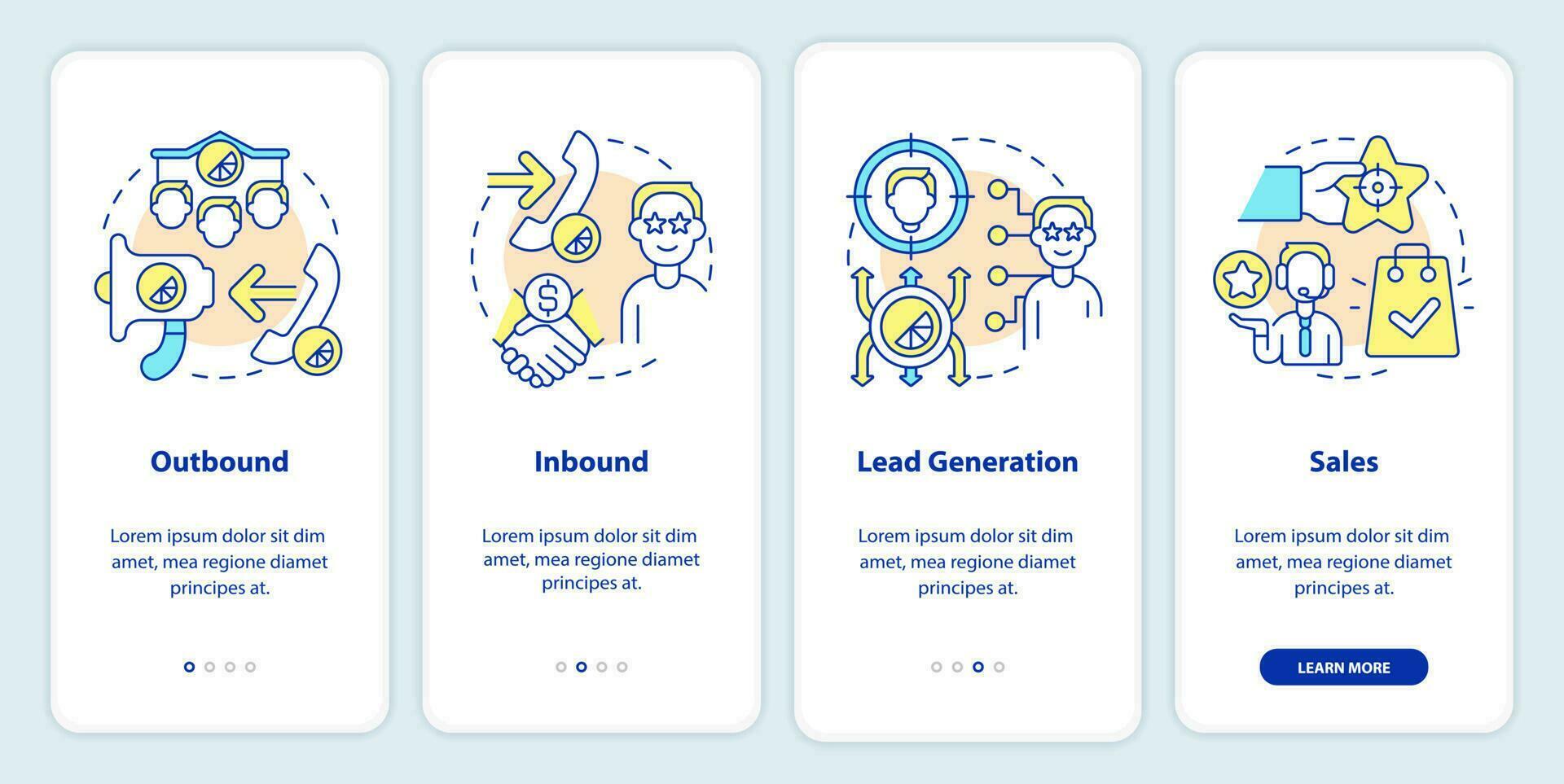 tipos do telemarketing Atividades onboarding Móvel aplicativo tela. passo a passo 4 passos editável gráfico instruções com linear conceitos. interface do usuário, ux, gui modelo vetor