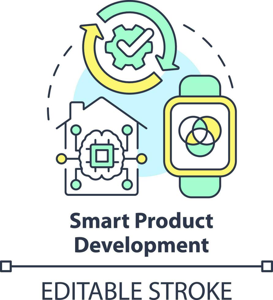 inteligente produtos desenvolvimento conceito ícone. Internet do coisas. dentro exigem pequeno o negócio abstrato idéia fino linha ilustração. isolado esboço desenho. editável acidente vascular encefálico vetor