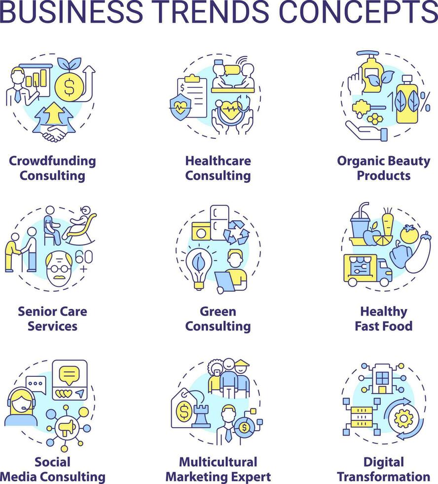 o negócio tendências conceito ícones definir. popular Serviços e produtos. digitalização idéia fino linha cor ilustrações. isolado símbolos. editável acidente vascular encefálico vetor