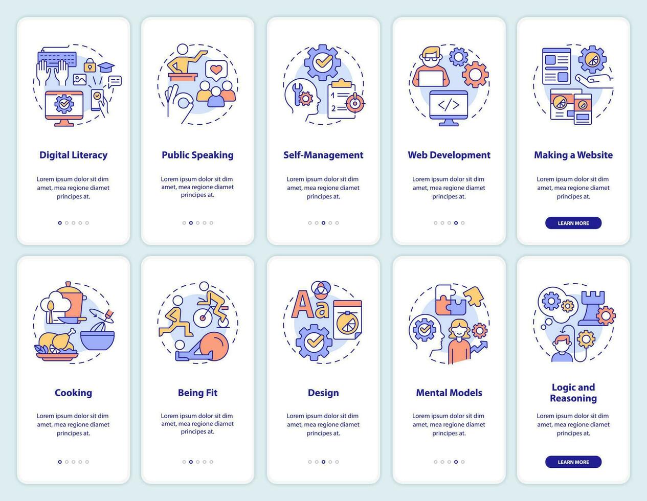 importante vida Habilidades onboarding Móvel aplicativo tela definir. Aprendendo passo a passo 5 passos editável gráfico instruções com linear conceitos. interface do usuário, ux, gui modelo vetor