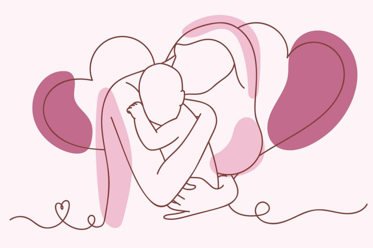 contínuo 1 simples solteiro abstrato linha desenhando do mãe amamentação dela bebê dentro silhueta em uma Rosa fundo. linear estilizado. vetor