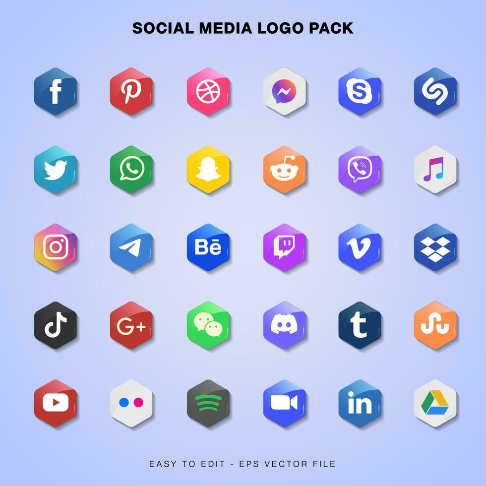 coleção de logotipo de mídia social popular. facebook, instagram, twitter, linkedin, youtube, telegram, vimeo, snapchat, whatsapp. conjunto editorial realista. vetor