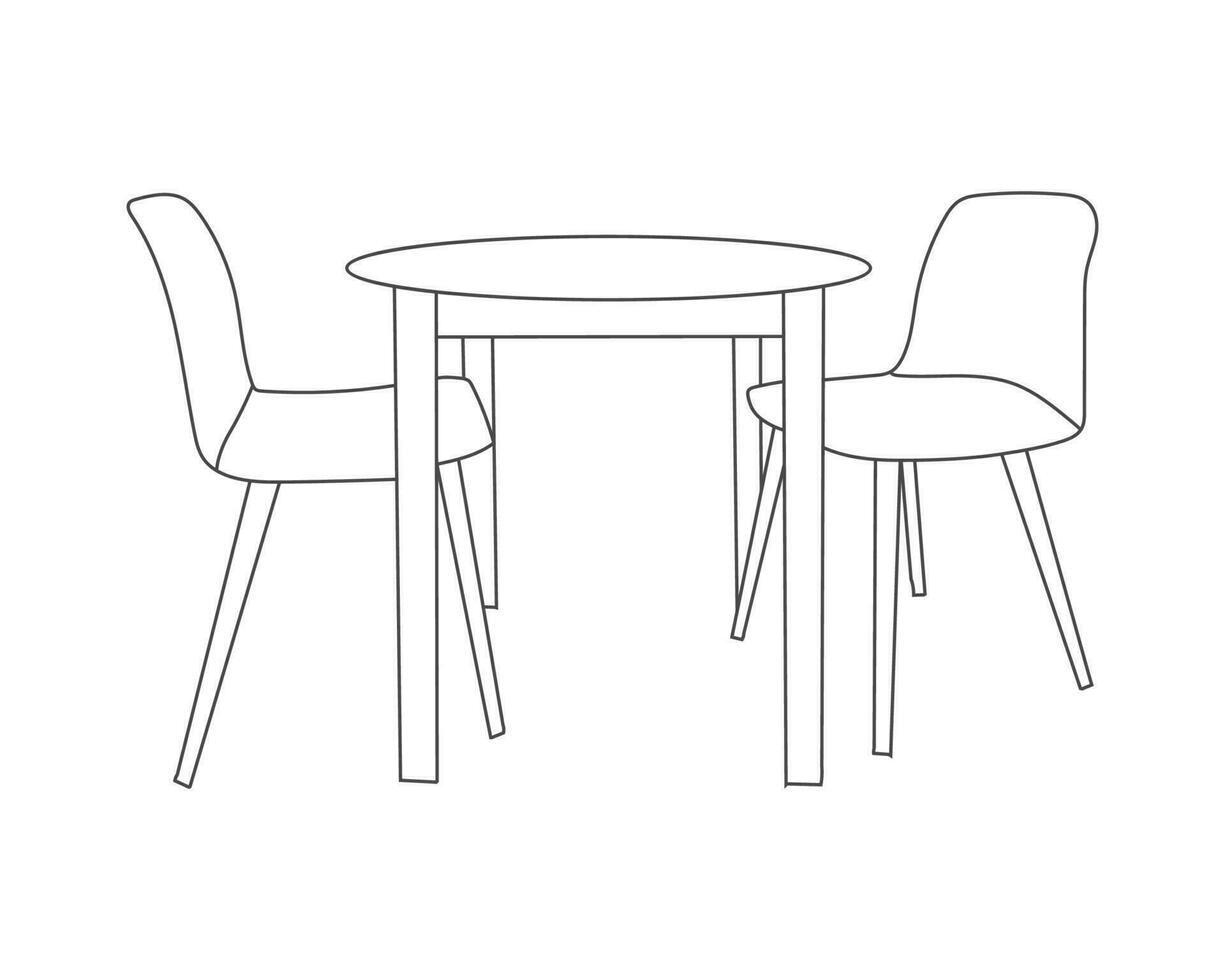 restaurante mobília mão desenhado contorno, moderno de madeira cadeiras com jantar mesa conjunto com branco fundo vetor