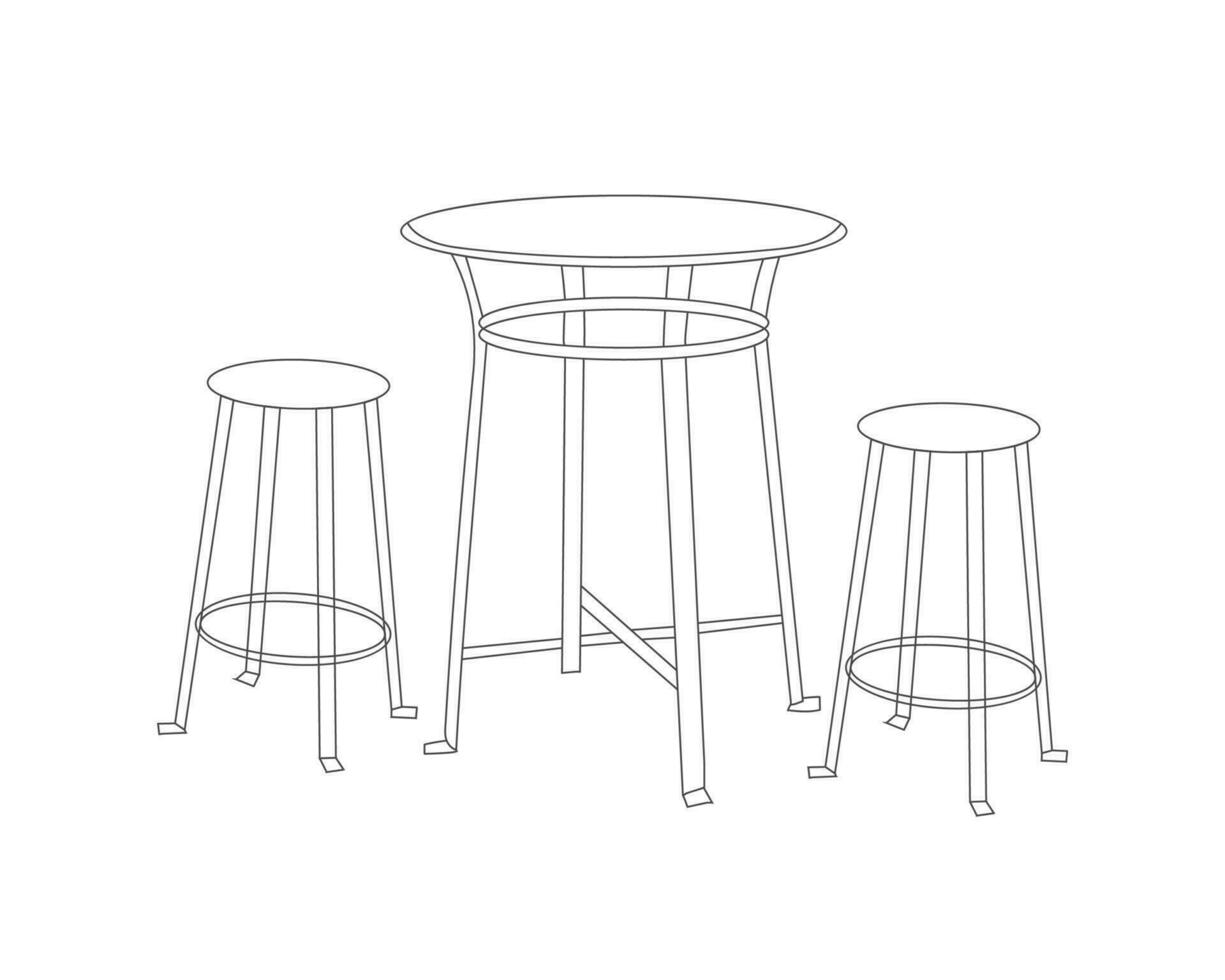 linha arte do moderno cadeiras com mesa conjunto interior com branco fundo, mão desenhando vetor