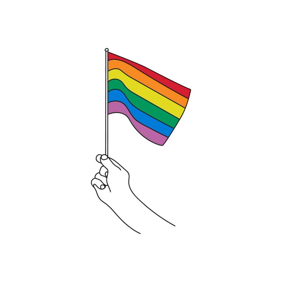 mão segurando arco Iris bandeira. lgbt símbolo. linha arte. orgulho, liberdade bandeira. mão desenhado vetor ilustração.