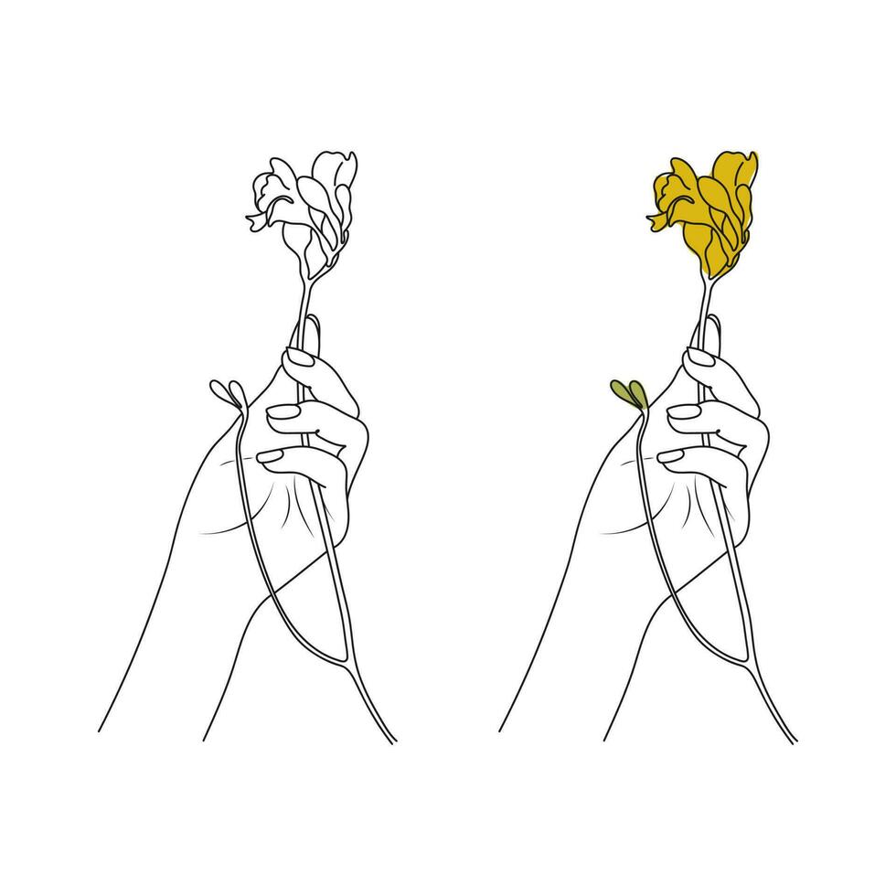 mão segurando uma solteiro amarelo flor. linha arte. mão desenhado vetor ilustração.