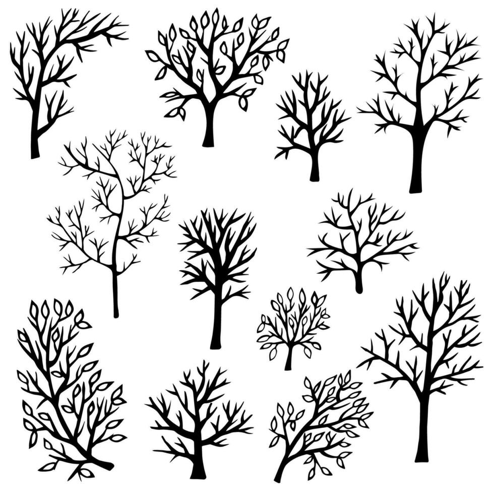 uma conjunto do rabisco árvores, uma desenhando do Preto árvores em uma branco fundo, uma desenhado floresta vetor