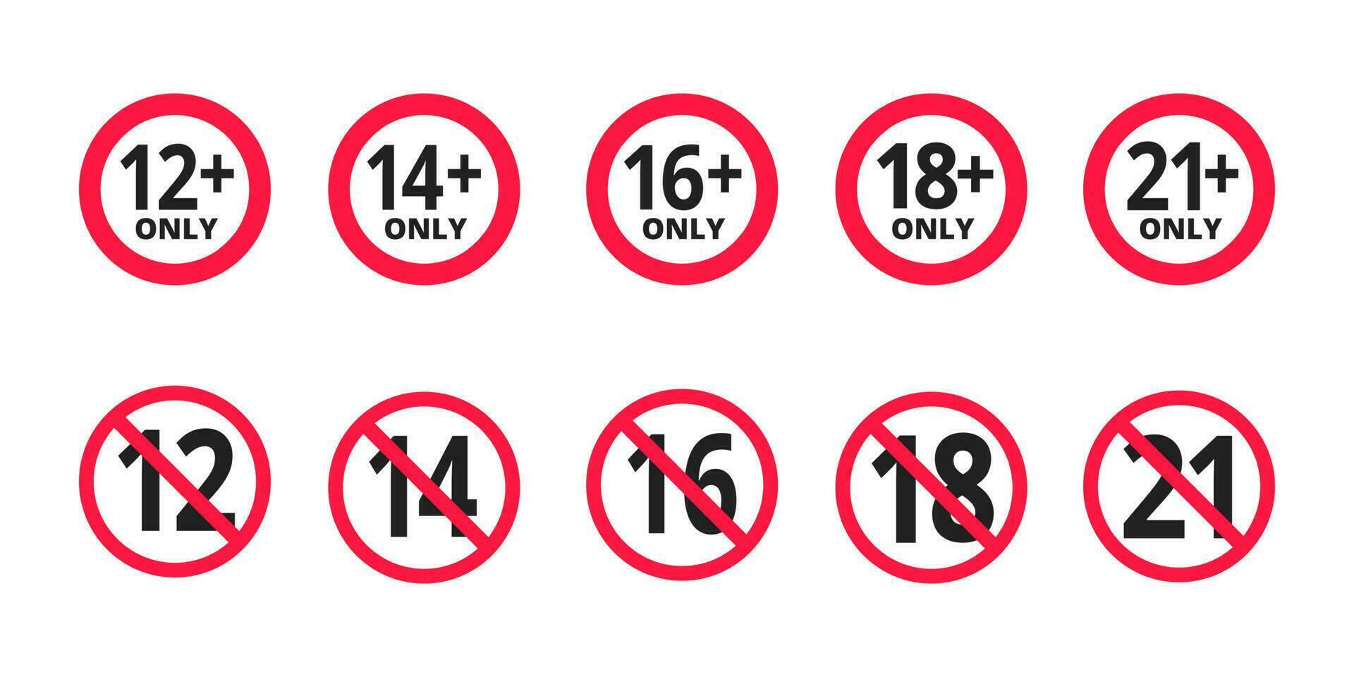 adultos conteúdo só era restrição 12, 14, 16, 18, 21 mais anos velho ícone sinais definir. vetor
