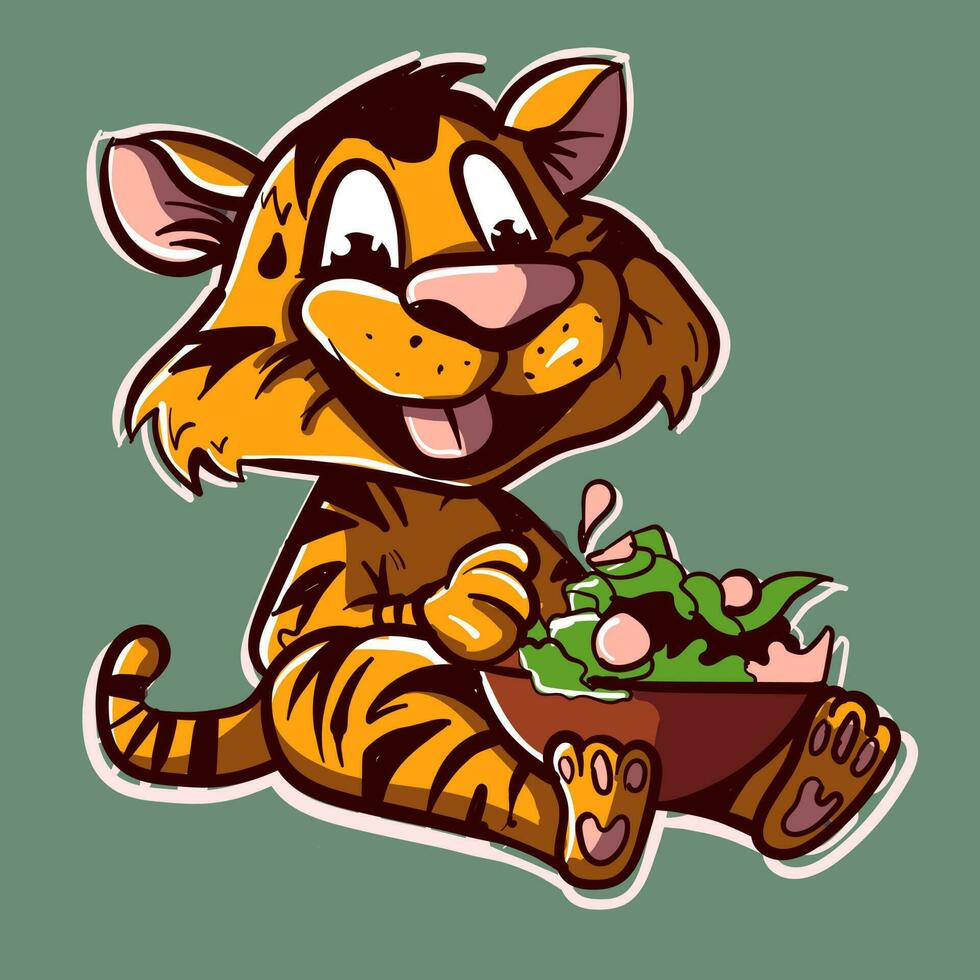 digital arte do uma desenho animado tigre comendo salada a partir de uma grande tigela dentro dele colo. vetor ilustração do uma selvagem selva vegano animal com listras comendo verdes.