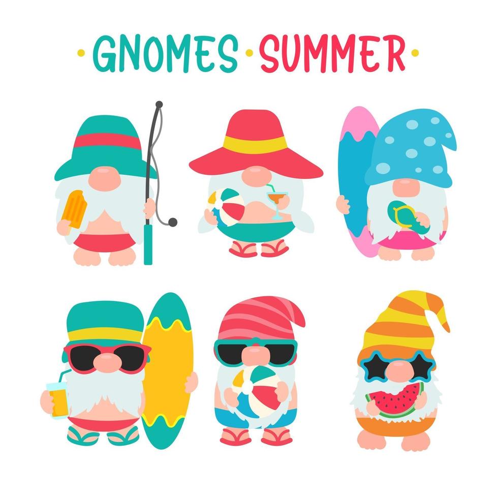 gnomos gnomos de verão usam chapéus e óculos de sol para viagens de verão à praia vetor