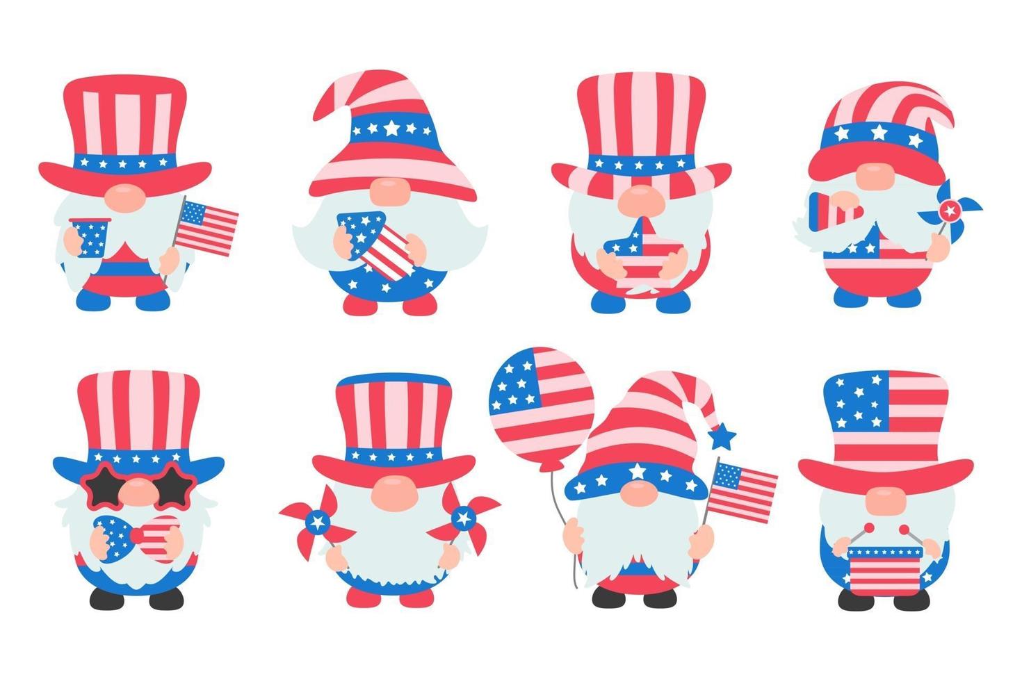 Os gnomos do dia 4 de julho vestiram uma fantasia com a bandeira americana para celebrar o dia da independência vetor