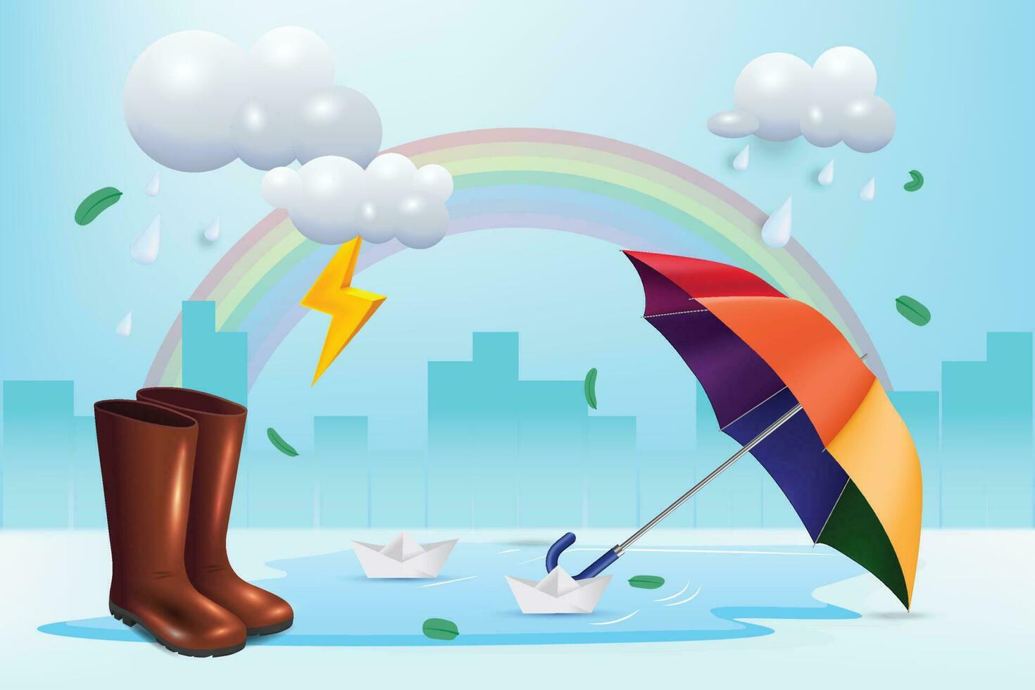 feliz monção estação fundo. arco-íris, guarda-chuva nuvens, trovão, papel barco e chuva sapatos vetor
