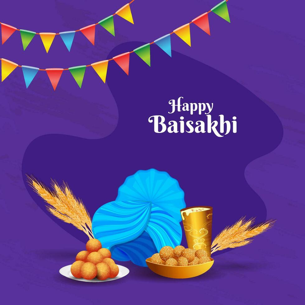 feliz baisakhi conceito com turbante e tradicional pratos. vetor