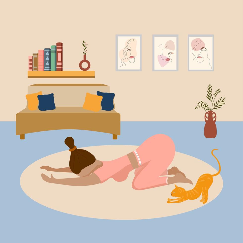 mulher jovem feliz e bonito gato laranja praticando ioga em pose de criança. relaxe em casa treino vetor