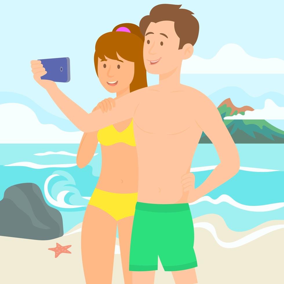 casal tirando selfie com o celular na praia vetor