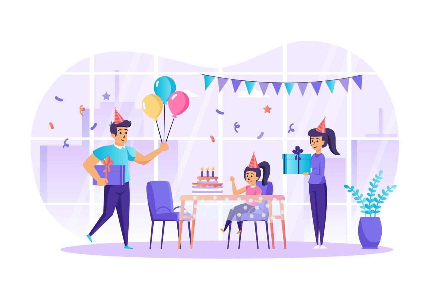 família comemorando aniversário conceito ilustração vetorial de personagens de pessoas em design plano vetor