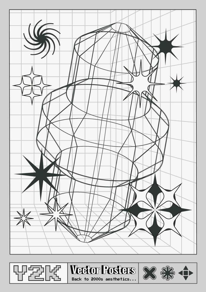 na moda ano 2000 poster com geométrico vetor 3d estrutura de arame modelo e retro estrelas e símbolos.