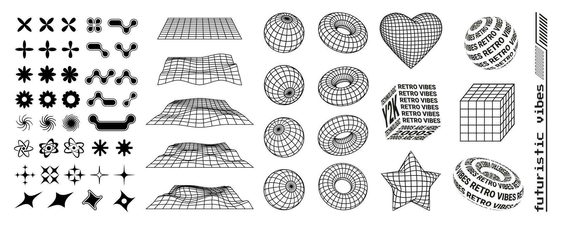 ano 2000 na moda formas e 3d vetor geométrico figuras, milenar símbolos, sinais e ícones, ampla coleção do formas.