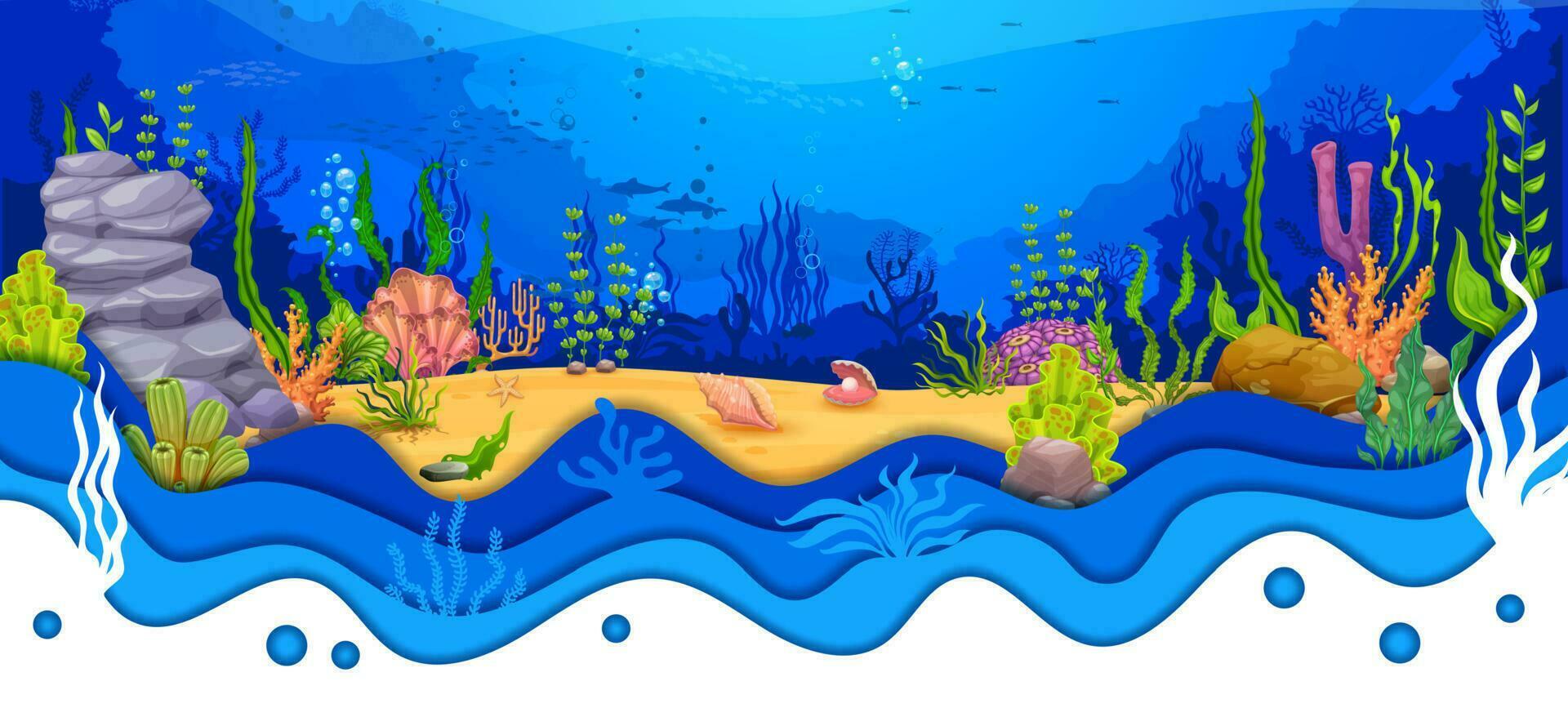 desenho animado mar embaixo da agua papel cortar panorama vetor