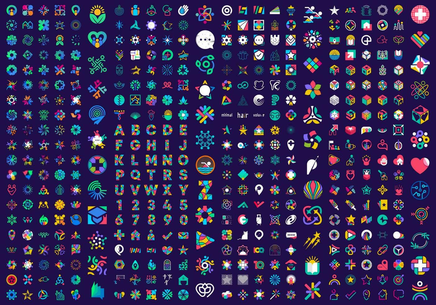 criativo mega logotipo definir. internacional único abstrato geométrico negócios, equipe, coração, Estrela e tão em ícone definir, 464 dentro total. vetor