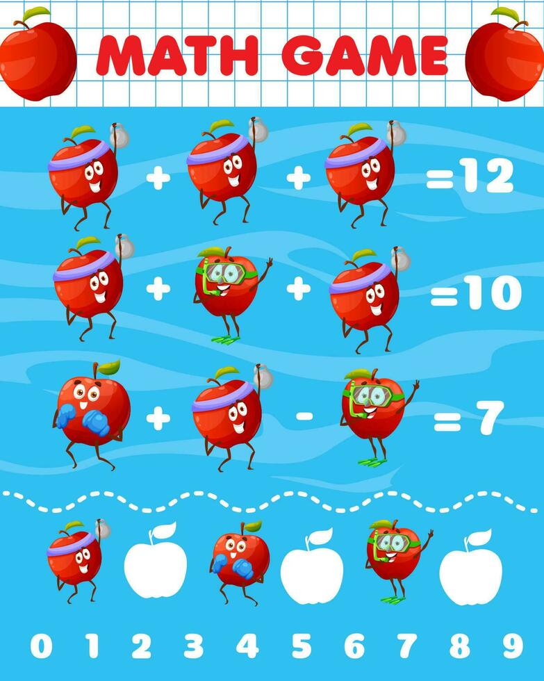 alegre desenho animado vermelho maçã personagens, matemática jogos vetor
