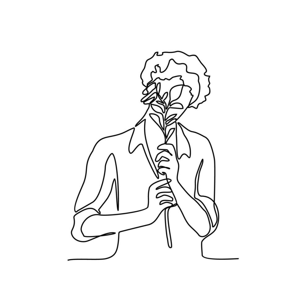 uma mulher é segurando uma lindo flor em uma branco fundo dentro contínuo linha arte desenhando estilo. Projeto com minimalista Preto linear Projeto isolado em branco fundo. plantar vetor ilustração