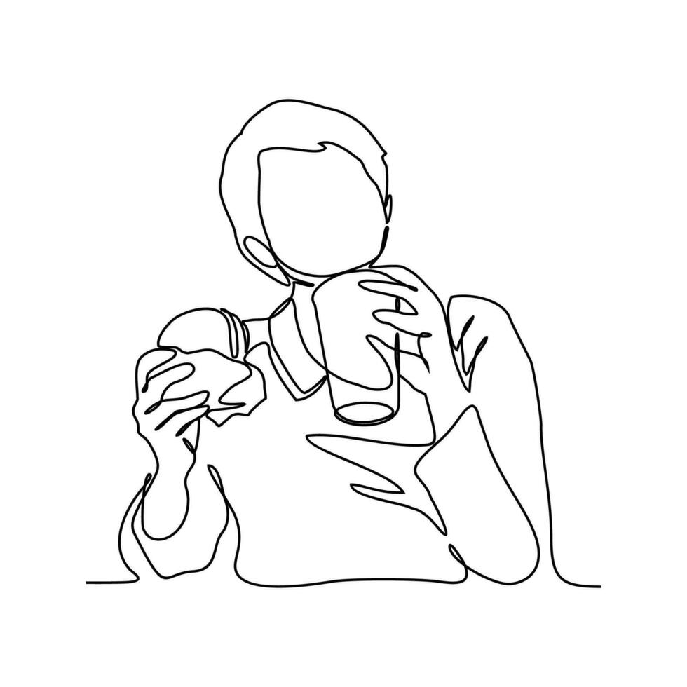 1 contínuo linha desenhando do uma pessoas comendo uma hambúrguer. Comida ilustração dentro simples linear estilo. Comida Projeto conceito vetor ilustração