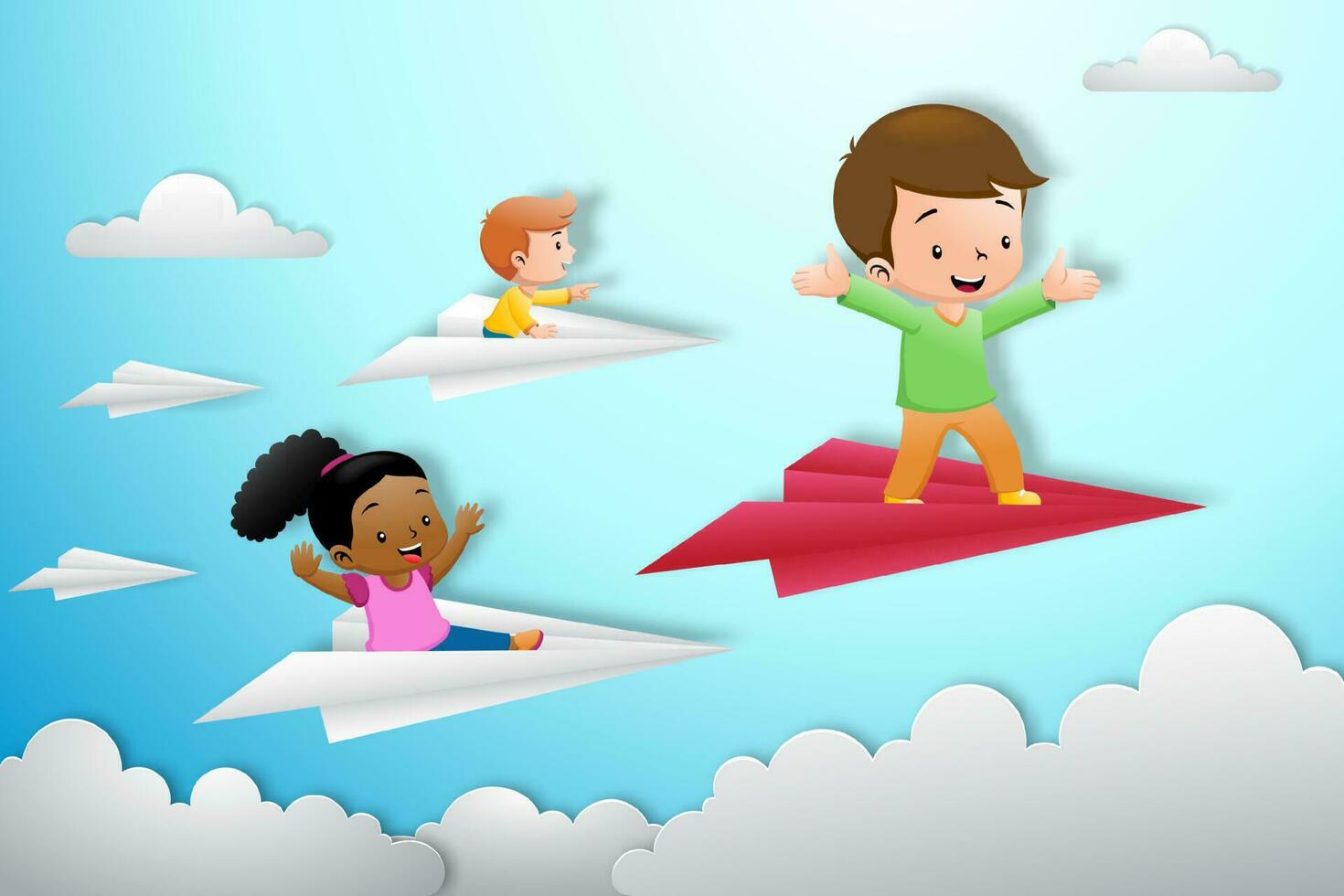 desenho animado do crianças vôo com papel avião em azul céu fundo vetor