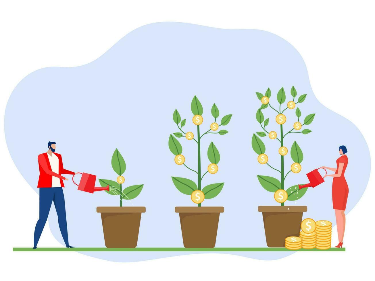 homem de negocios rega pequeno plantas e produzindo uma grande árvore dinheiro moeda árvore. financeiro crescimento conceito. vetor ilustração