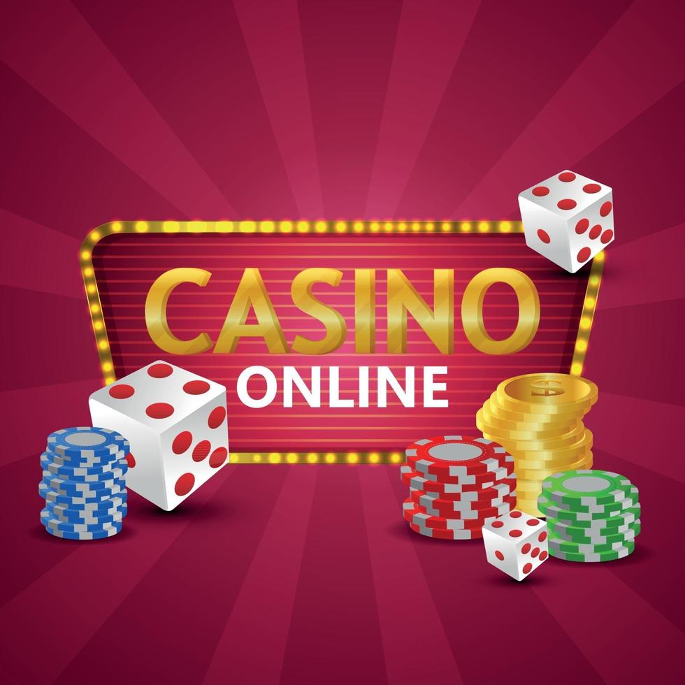 ilustração realista de casino online com moedas de ouro e fichas e dados de pôquer vetor