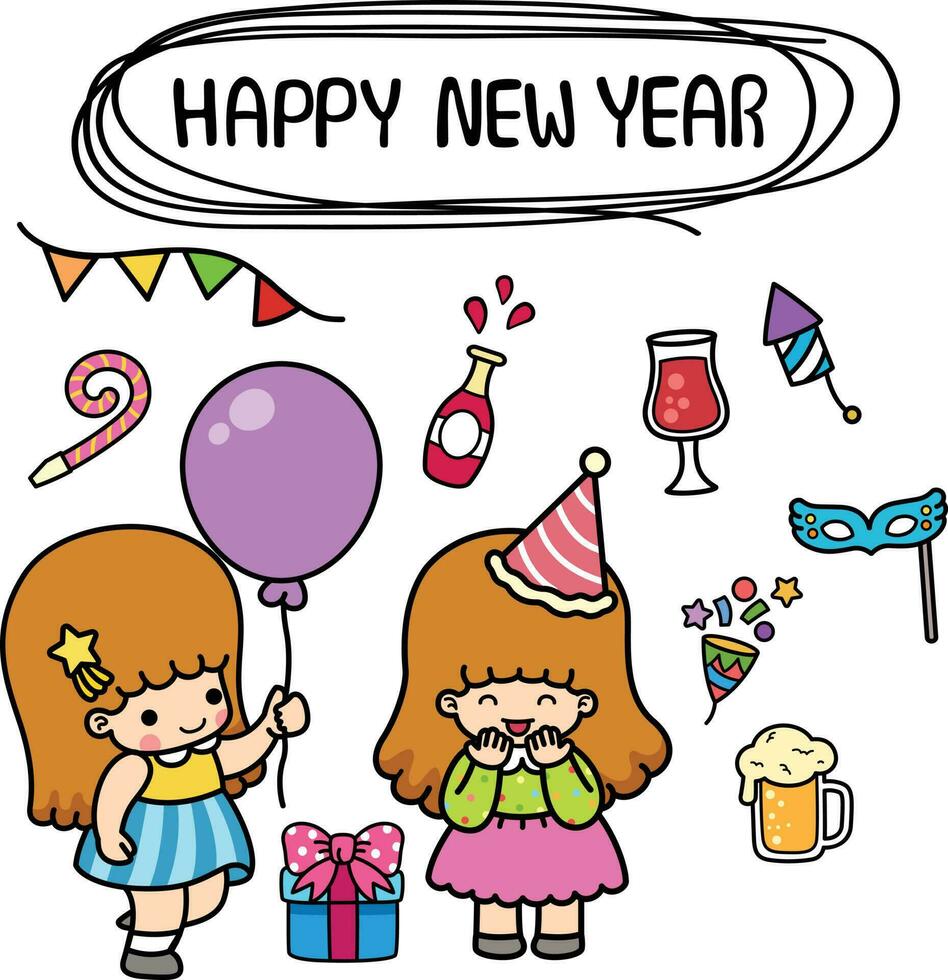 ilustração isolado conjunto desenho animado feliz Novo ano com criança menina vetor
